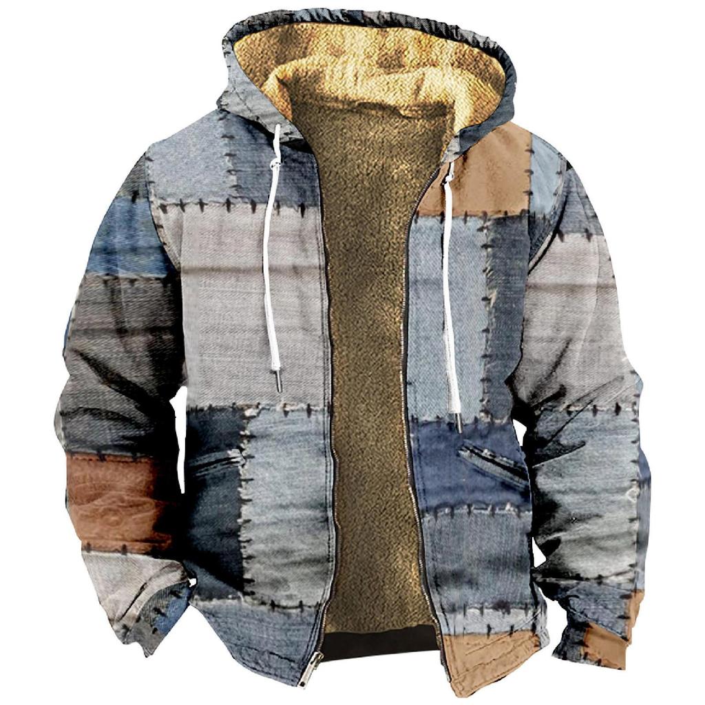 Men's Personalized Casual Printing Long Sleeve Zipper Sweater Thick Cotton Suit Winter
