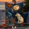 1pc Mysterious Fantasy Wolf & Dragon Flannel Blanket - Dreamlike HD Print, Soft Polyester, All-Season Comfort for Beach, Camping