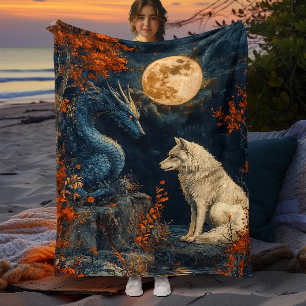 1pc Mysterious Fantasy Wolf & Dragon Flannel Blanket - Dreamlike HD Print, Soft Polyester, All-Season Comfort for Beach, Camping