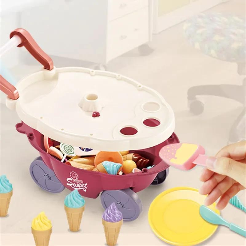 Montessori Toddler Toys Food Ice Cream Kitchen Toys Pretend Play Ice Cream Cart with Storage Trolley Toy Set for Children Gifts