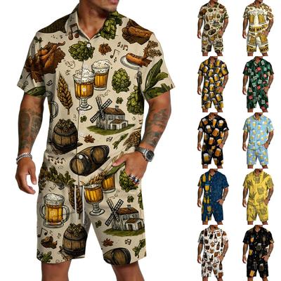 Casual Heren Set met Korte Mouwen en Korte Broek met Bierfestival Print Lichtgewicht Ademend Zomeroutfit voor Buitenactiviteiten