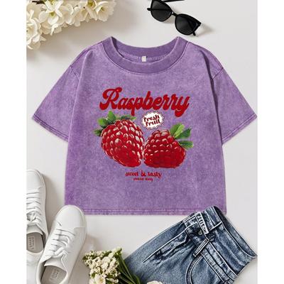 Frische Himbeere Frucht Süß Lecker Täglich Gepflückt Print Damen Gewaschenes T-Shirt Slim Y2K Kleidung Sommer Baumwoll-Top T-Shirt
