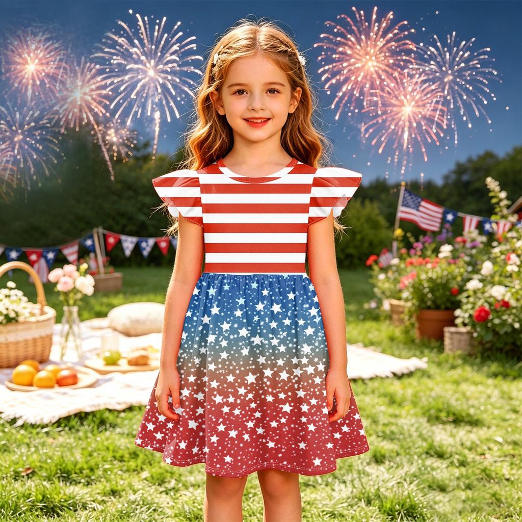 Mädchen Kleid mit Puffärmeln Unabhängigkeitstag Feiertagskleid Amerikanische Flagge gemustertes Skaterkleid Lässiges Sommeroutfit für Kinder