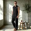 European Summer Men's Linen Sleeveless Lapel Shirt & Long Pants Set - Breathable Casual Two-Piece