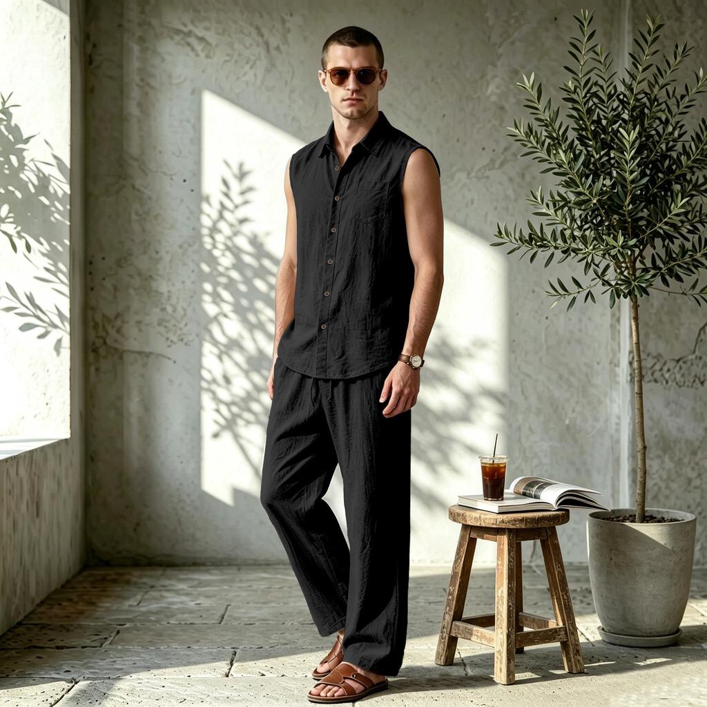 European Summer Men's Linen Sleeveless Lapel Shirt & Long Pants Set - Breathable Casual Two-Piece
