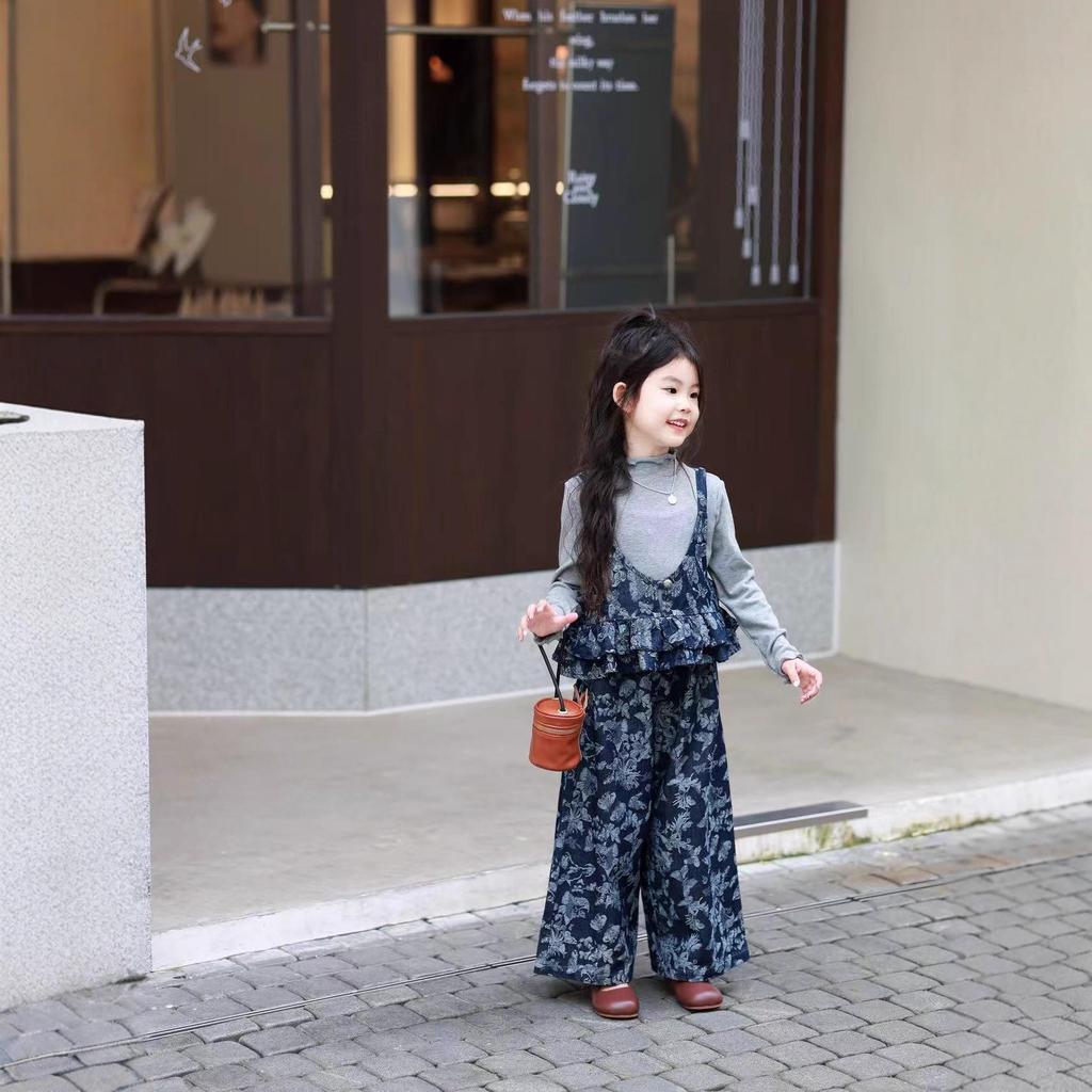Libala Kids Girls' Autumn Floral Denim Camisole Top & Wide-Leg Pants Set