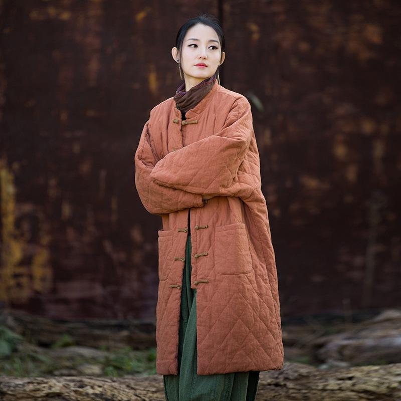 Women's Winter Ramie Quilted Diamond Pattern Cotton Coat with Frog Buttons - Bohemian Style
