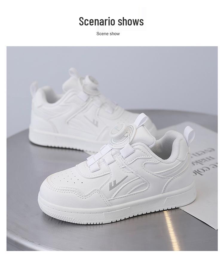 Warrior Kids' Winter 2025 White Leather Sneakers with Rotating Button for Boys and Girls - Versatile Casual Shoes