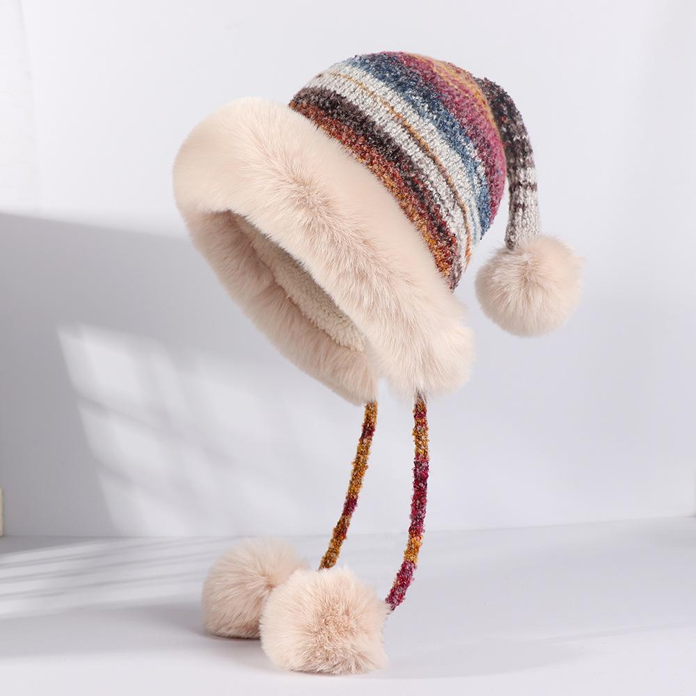 

Женская вязаная шапка в радужную полоску, теплая вязаная шапка для защиты ушей на осень и зиму One size фуксия