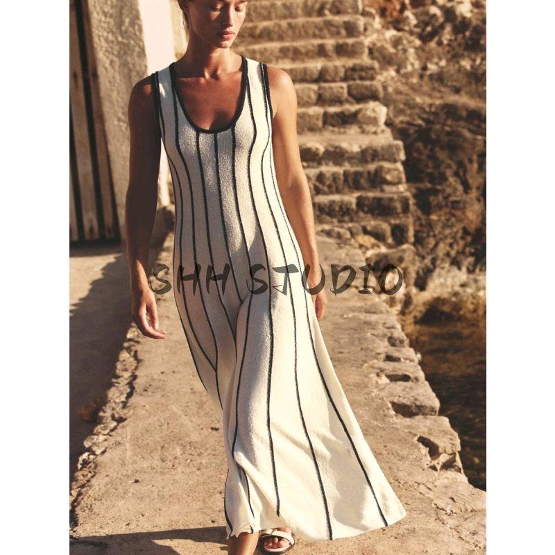 Summer New Women clothes round Neck Sleeveless A- line Decorative Layer Hem Mid-Length Knitted dress 8779637