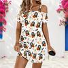 Women Plus Size One Shoulder Strappy Short Sleeve White Cartoon Wolf Printed Loose Dress