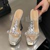 Pesstwei Luxury Crystal Clear PVC Platform Mules Women Silver Chunky High Heels Rhinestone Party Clubwear Sandals