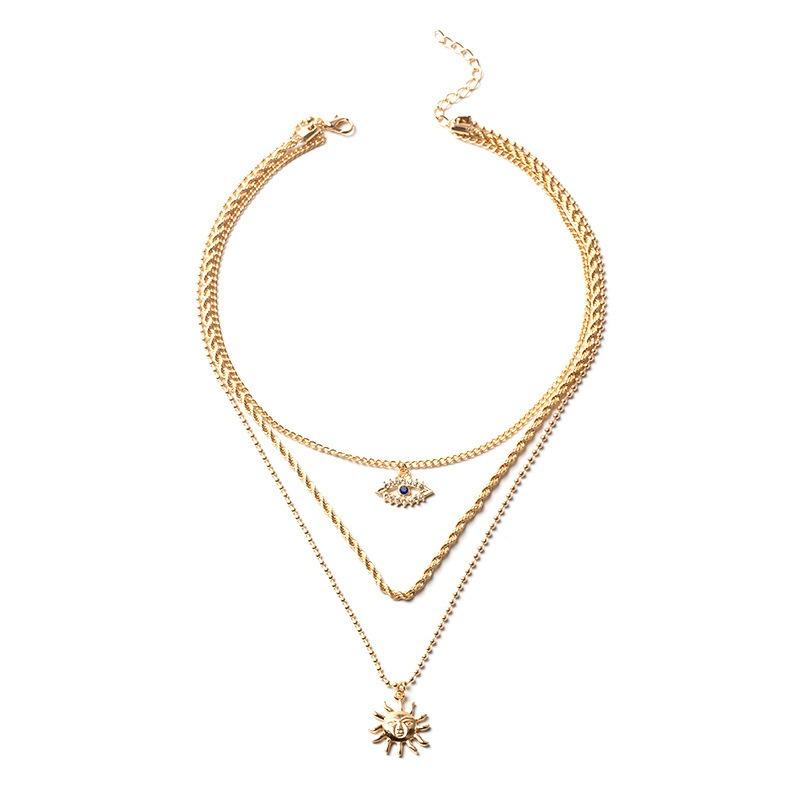 Stacked sunflower pendant, retro multi-layer necklace, niche high-end cross, love collarbone chain