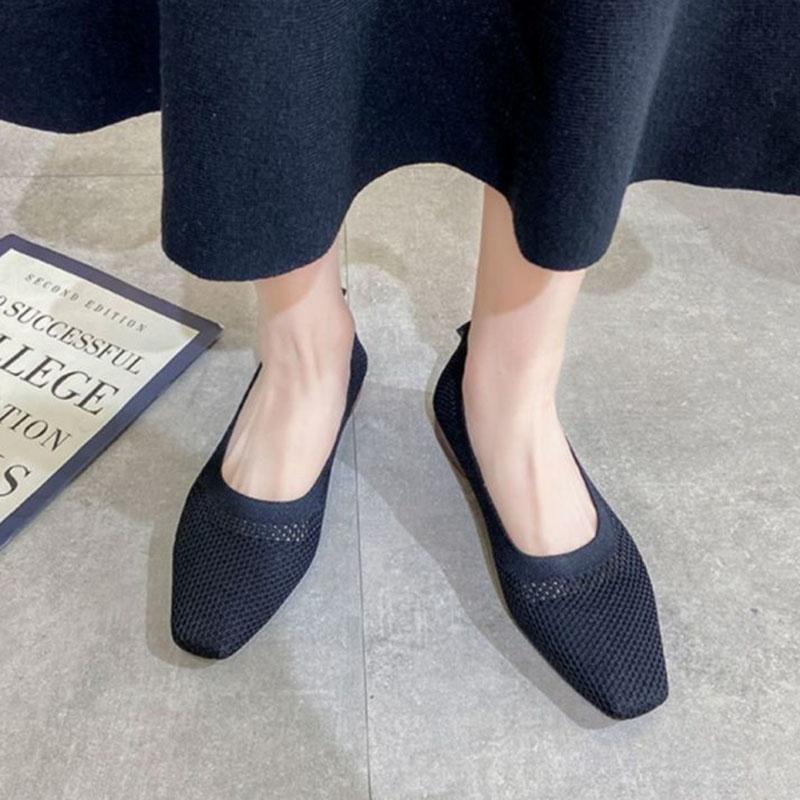 WTEMPO Soft Sole Single Shoes Women's Spring and Summer Square Toe Mesh Low Square Heel Solid Color Knitted Hollow Breathable Non-slip Woven Shoes