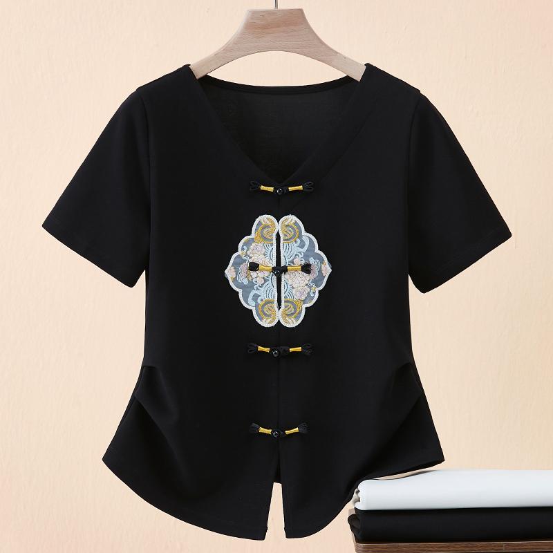 

Вишитий топ у китайському стилі з V-подібним вирізом і ґудзиком XXXL чорний