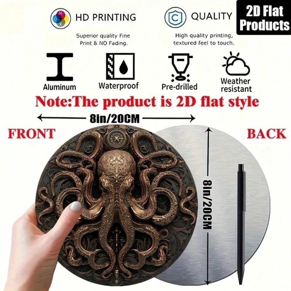 Retro Metal Octopus Wall Art 8 Inch Round Plaque Marine Sea Creature Decor Home Coastal Beach Sign