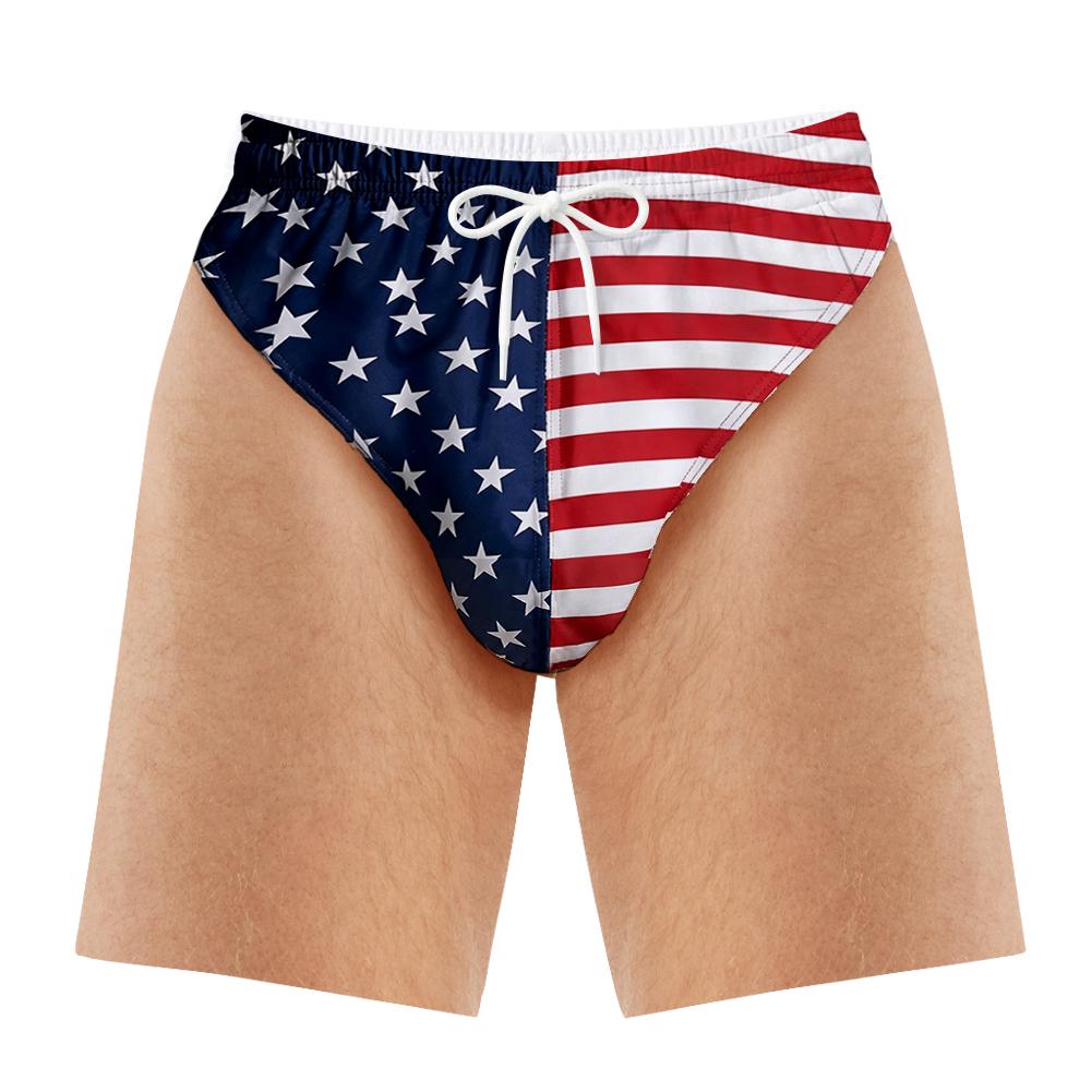 Fun American Flag Fake Underwear 3D Beach Shorts Creative Leg Pattern Swimming Pants Men s Summer Pool Party Funny Gift 1pcs S