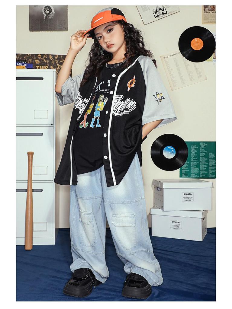 Modny hip-hopowy zestaw uniformów baseballowych dla dzieci - Krótki rękaw, letni kostium na występy dla chłopców i dziewcząt
