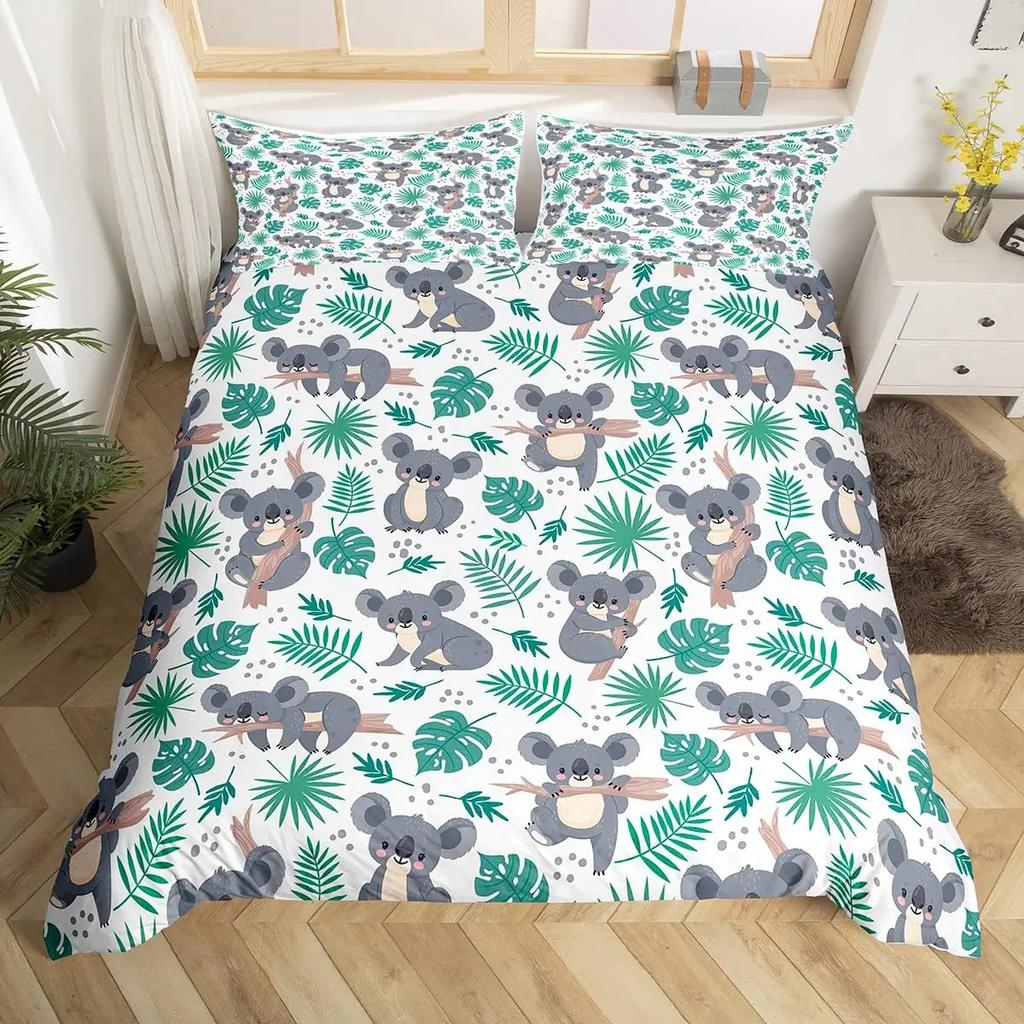 Cute Cartoon Koala Duvet Cover Set Botanical Blossom Floral Comforter Cover Kawaii Wild Animal Koala Bedding Set Twin Queen Size