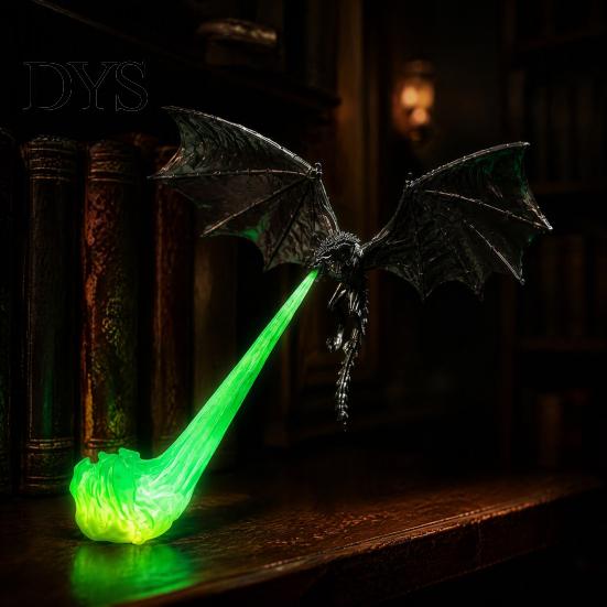 Desktop Ornament for Collectors 3D Printed Fire-Breathing Fantasy Dragon Shelf Decor, Flying Nook Bookshelf Light, Black Design Mythical Creature with