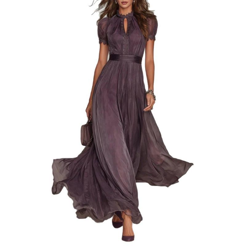 Women's Summer Chiffon Dress Printed Short Sleeve V Neck Flowy Maxi Dress Loose Layered Ruffle Lace-Up Long Dress