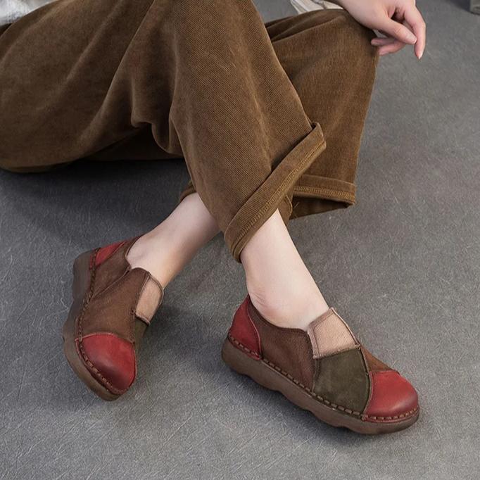 Johnature Retro Mixed Colors Soft Soled Flats Genuine Leather Comfortable Round Toe Women's Slip-on Shoes