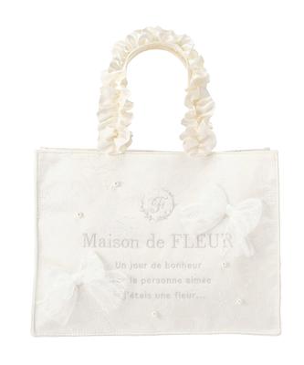 Lace Ribbon Frill Handle Square Tote S Size F Bag, Ivory, (08001214800)