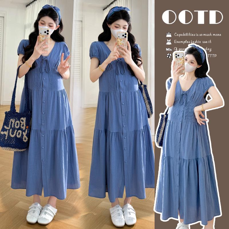 2026 Summer French Blue Short-Sleeve Maternity Dress XL
