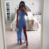 Damen Unregelmäßig Quaste Sommer Trend Skinny Schlitz Maxi Bodycon Geburtstagsparty Clubwear Kleider Blau Elegant Damen Trägerkleider