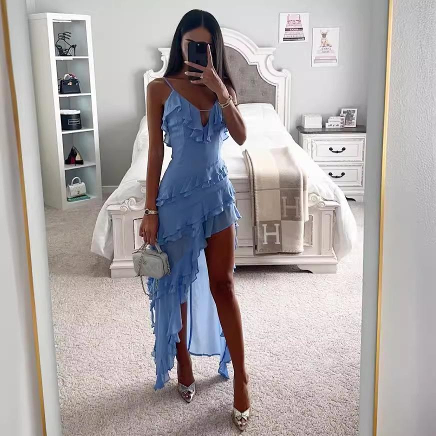 Damen Unregelmäßig Quaste Sommer Trend Skinny Schlitz Maxi Bodycon Geburtstagsparty Clubwear Kleider Blau Elegant Damen Trägerkleider