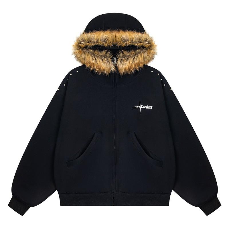 Unisex Oversized Hooded Zip-Up Sweatshirt With Faux Fur Trim Casual Winter Streetwear Top