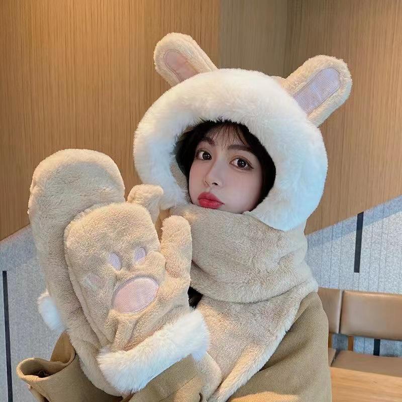 Women's Fleece-Lined Winter Hat & Scarf Three-Piece Set with Gloves and Hooded Rabbit Ears