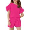 Girls' Summer Outfit Ruffle Sleeve Top And Shorts Clothing Set Lightweight Casual Two Piece