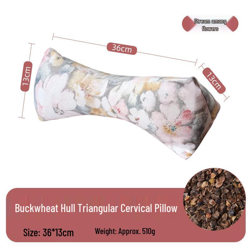 Neck Support Pillow - Rice Grain Pattern, Cotton Fabric, Natural Buckwheat, One-Piece for Family Sleep Aid