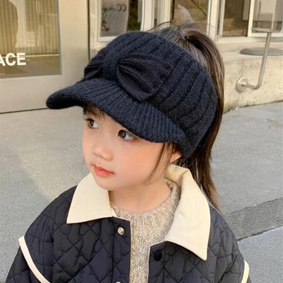 3-10 Years Children's Knitted Hat Girl's Baseball Hat Cute Bow Ponytail Braid Autumn and Winter Warmth Baby's Empty Top Sweater