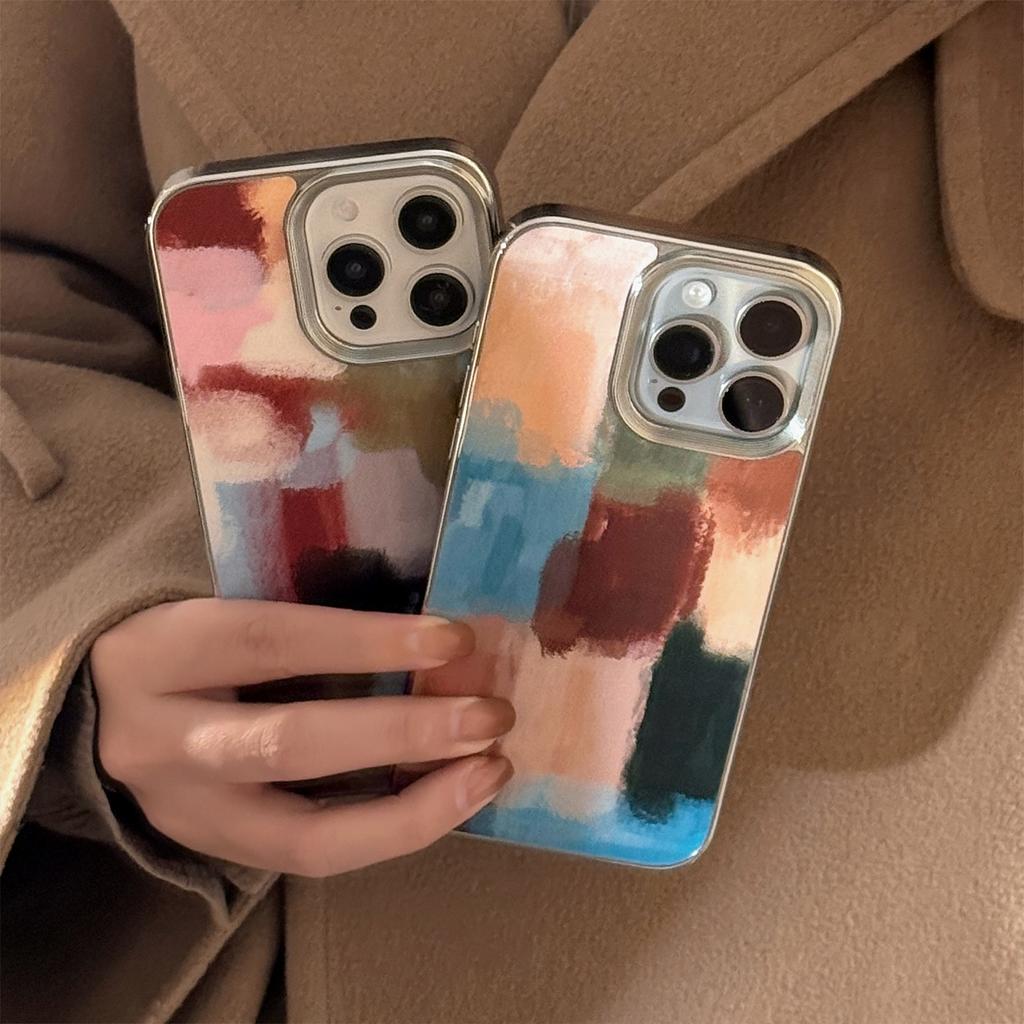 Artistic color-blocking Apple 16 phone case 17 Pro Max leather 15 compatible with iPhone 13 electroplated 14 premium