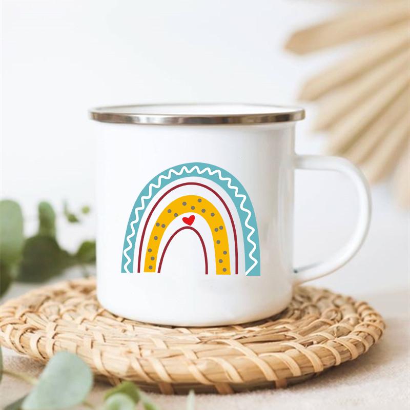 

Rainbow Printed Enamel Cups Creative Coffee Tea Water Mug Drinks Dessert Breakfast Milk Cup Camping Mugs Handle Drinkware Gifts 360ml