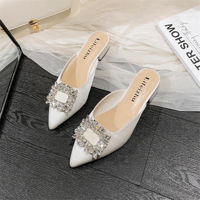 Women Slippers Fashion Rhinestone Sequins Slip On Square Heel Pumps Lady Classic Black Beige High Quality Comfort Summer Shoes