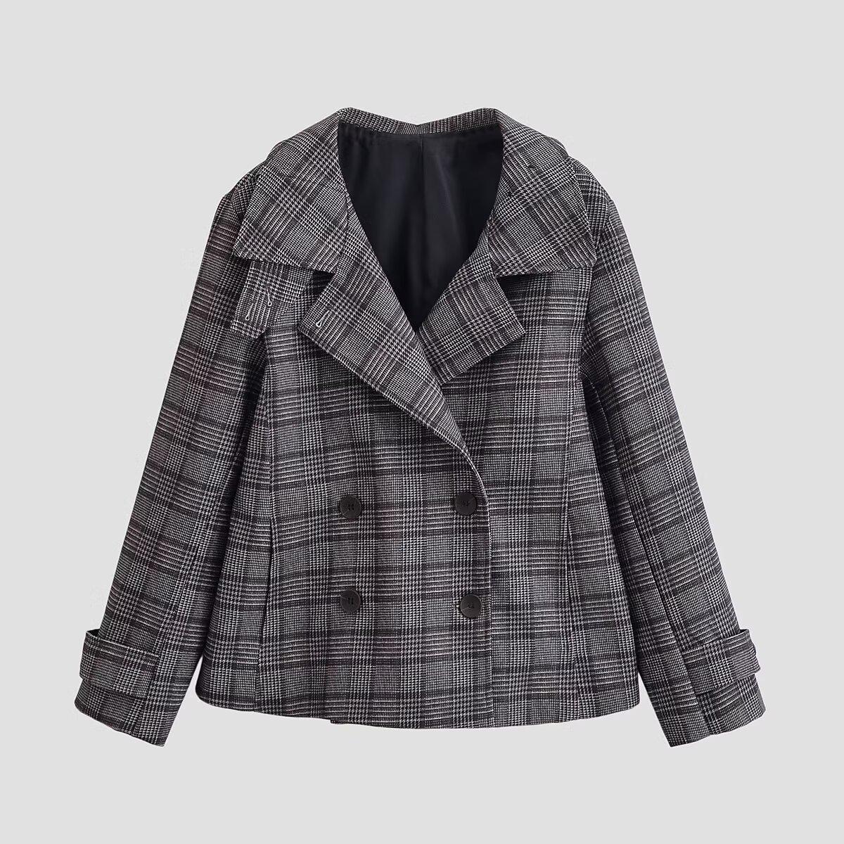 

Myst&ZR Women s 2025 European & American Style Double-Breasted Plaid Double-Lapel Coat Medium