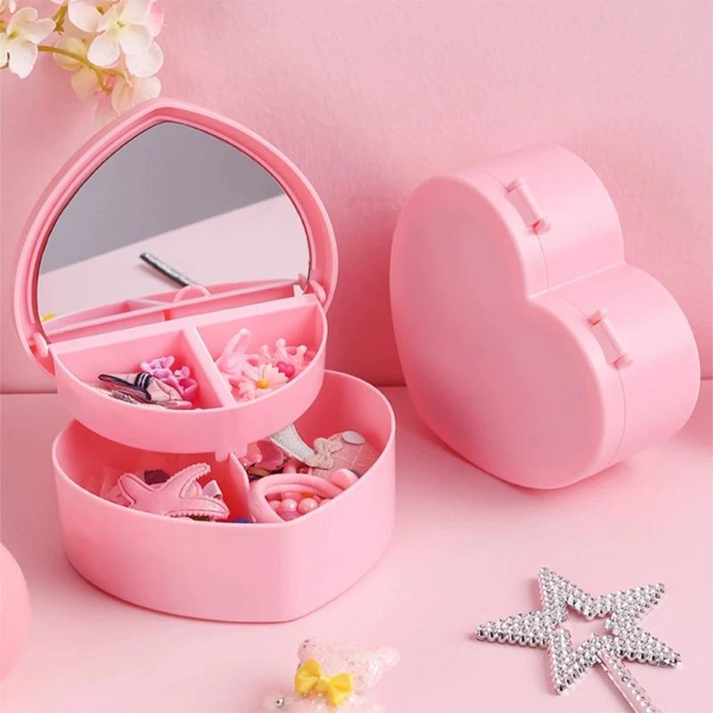Hair Accessories Box Jewelry Storage With Mirror Pink Hair Clips Rubber Band Organiser For Girls Children Portable Travel Case