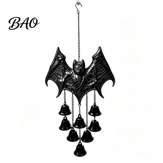 Bat Shaped Yard Decorations Gothic Metal Wind Chime, Halloween Hanging Ornament with Multiple Bells, 3D Durable Black Chime Embossed Decor for Indoor