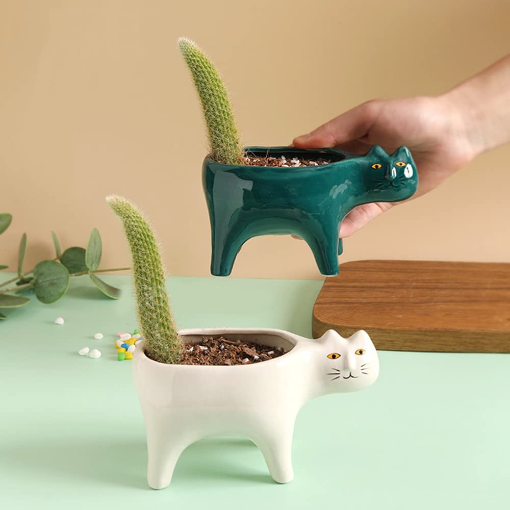 siawadeky Cute Cat Flower Pots Set of 2 Succulent Pots Ceramic Pots Cat Planter Succulents Cactus Cat Tail Cat Planter Pot Decoration Cat Herb Planter