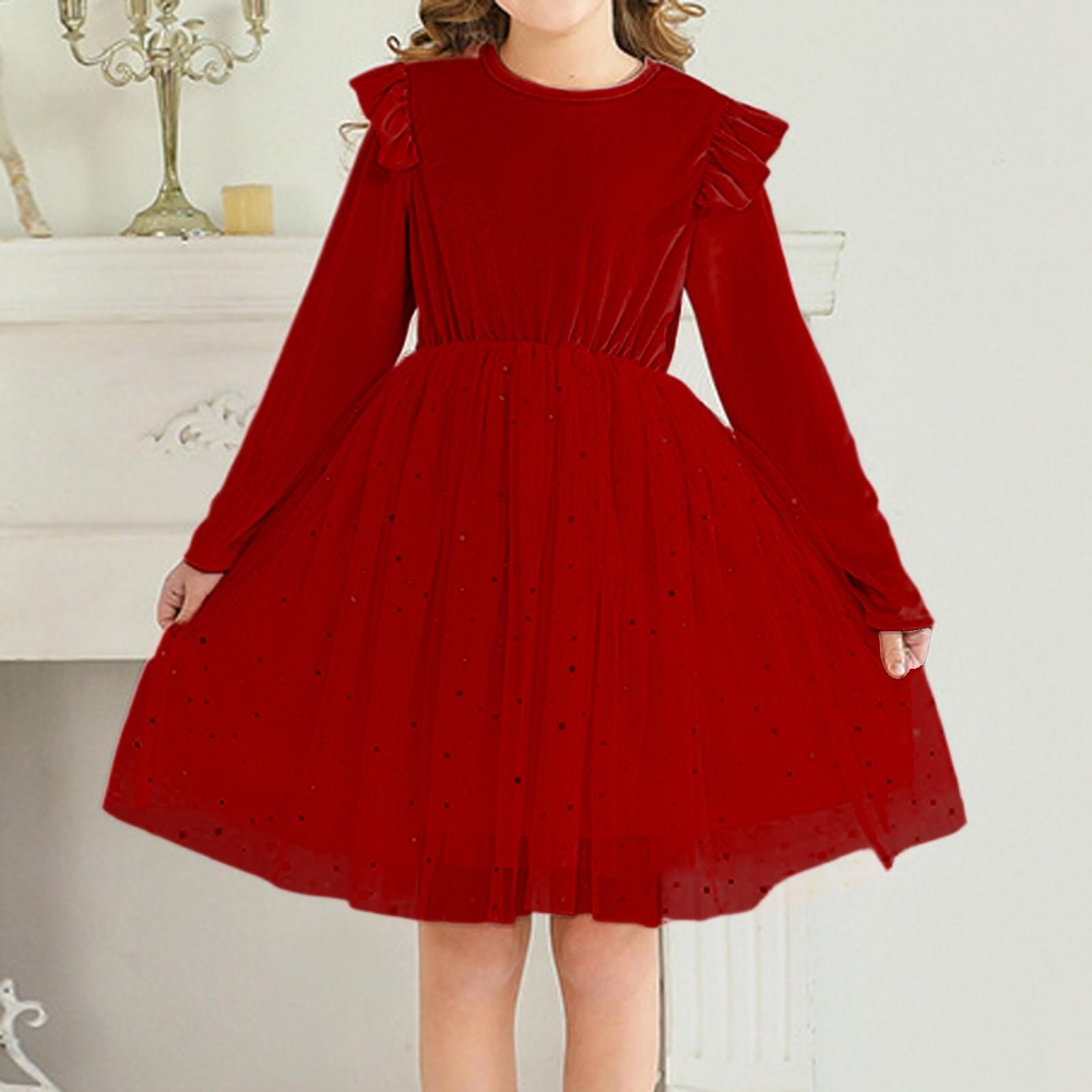 

Детское модное платье из небесно-голубой сетки с оборками и длинными рукавами 150 красный