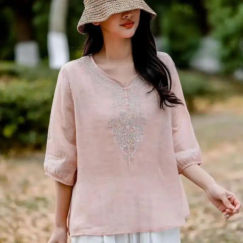 Light Yellow V Neck Embroidered Three Quarter Sleeve Linen Blend Blouse for Women