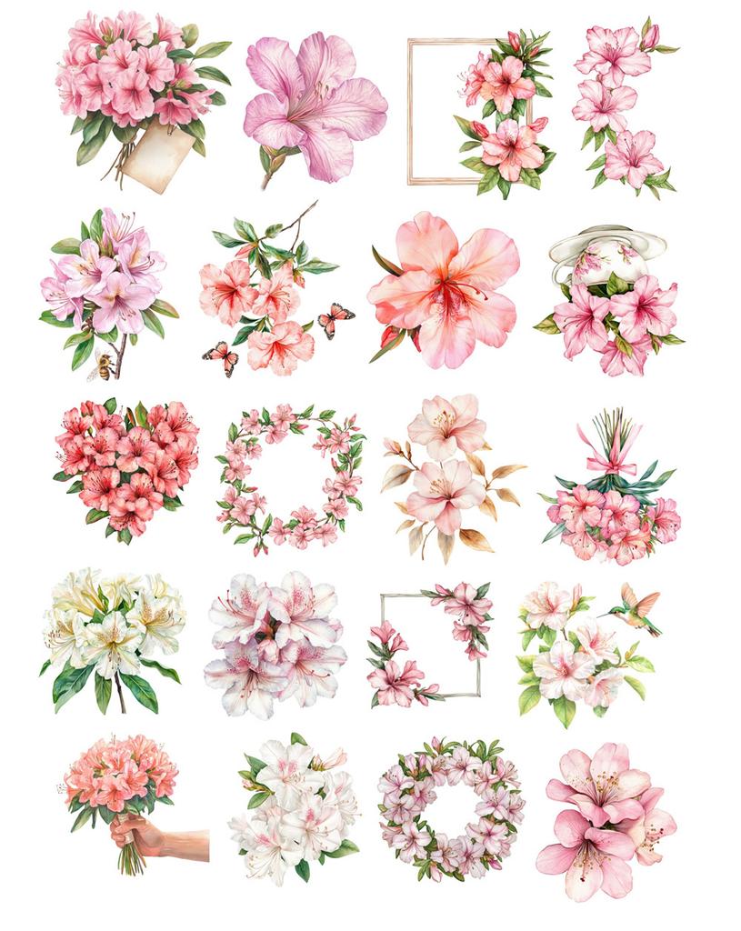 20pcs Watercolor pink azalea and butterfly bouquet Hand Account Stickers Stationery Laptop Fridge Suitcase Skateboard Phone