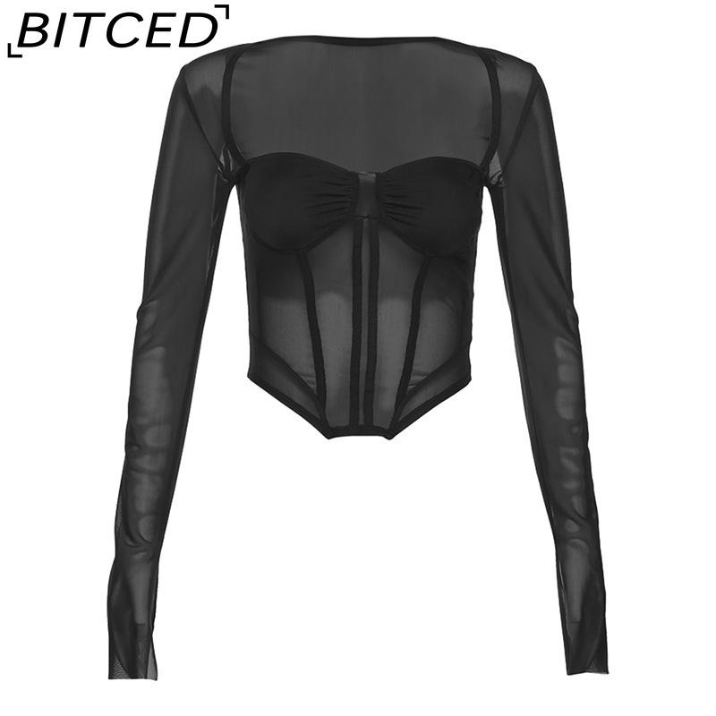 BITCED Autumn Women's Solid-Colour Slim-Fit Cropped Streetwear Square-Neck Long-Sleeved Top
