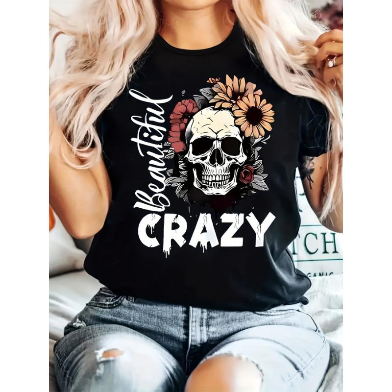 Women's Printed Letter T-shirt, Round Neck Short-sleeved Fashionable Black Top