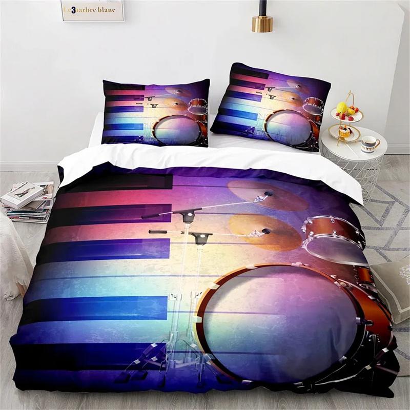 Drum Kit King Queen Duvet Cover Rock Musical Style Bedding Set for Kids Teens Adults Hip Hop Grunge 2/3pcs Polyester Quilt Cover