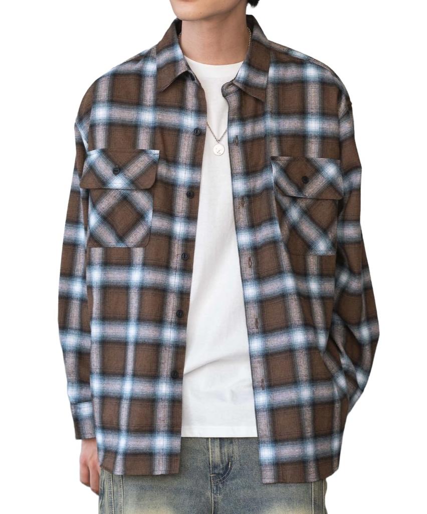 WEGO Unisex Ombre Check Flannel Long Checked Oversized Size Pattern 3 Shirt, Sleeve, Top, Autumn/Winter Clothes, Silhouette, Gift, Men's, Small,