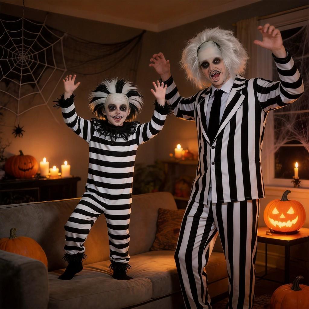 Unterwelt-Meister Beetlejuice Lydia Halloween Kostüm Mit Gestreiftem Polyester Für Kinder Und Erwachsene